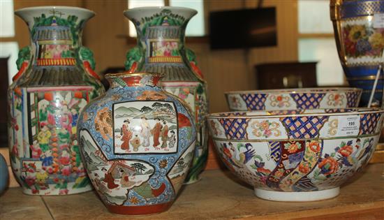 Pair Oriental vases, smaller vase & 2 bowls